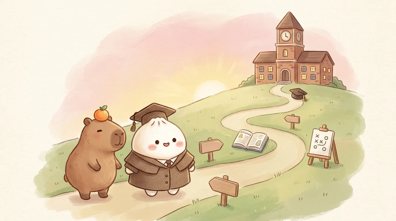 团子和卡皮巴拉站在通往大学的小路起点（AI 插图）