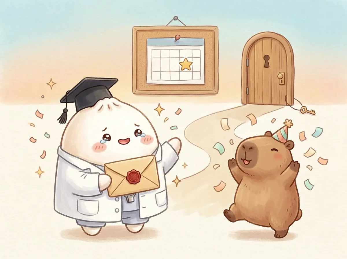 团子举着录取信封,卡皮巴拉撒彩纸庆祝